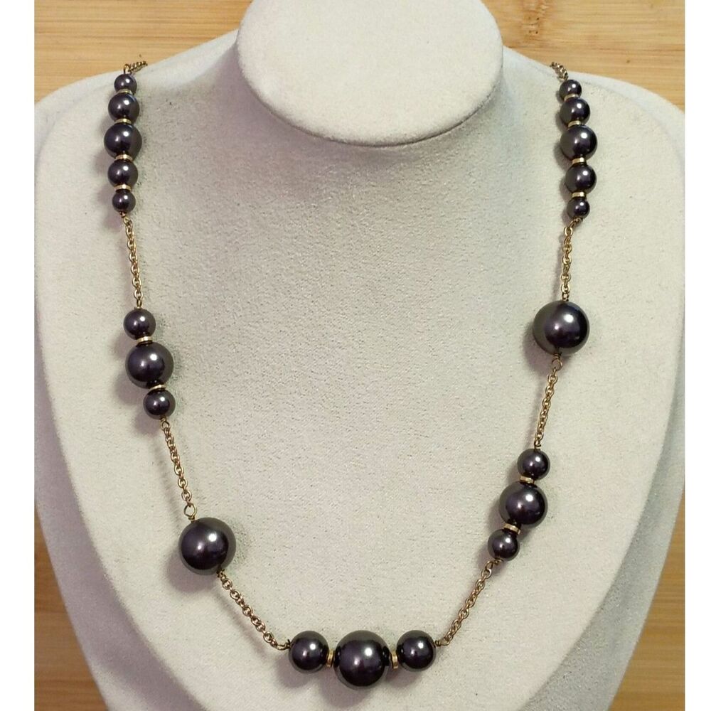 Vintage, Designer signed J. CREW Opera Length, Grey faux Pearl Necklace Goldtone